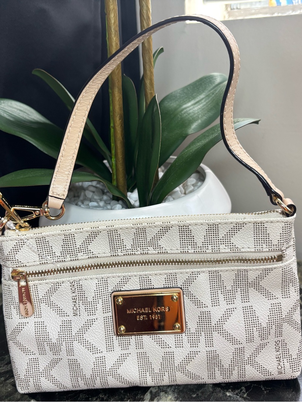 Michael Kors Cream Logo-Print Wristlet with Gold Hardware